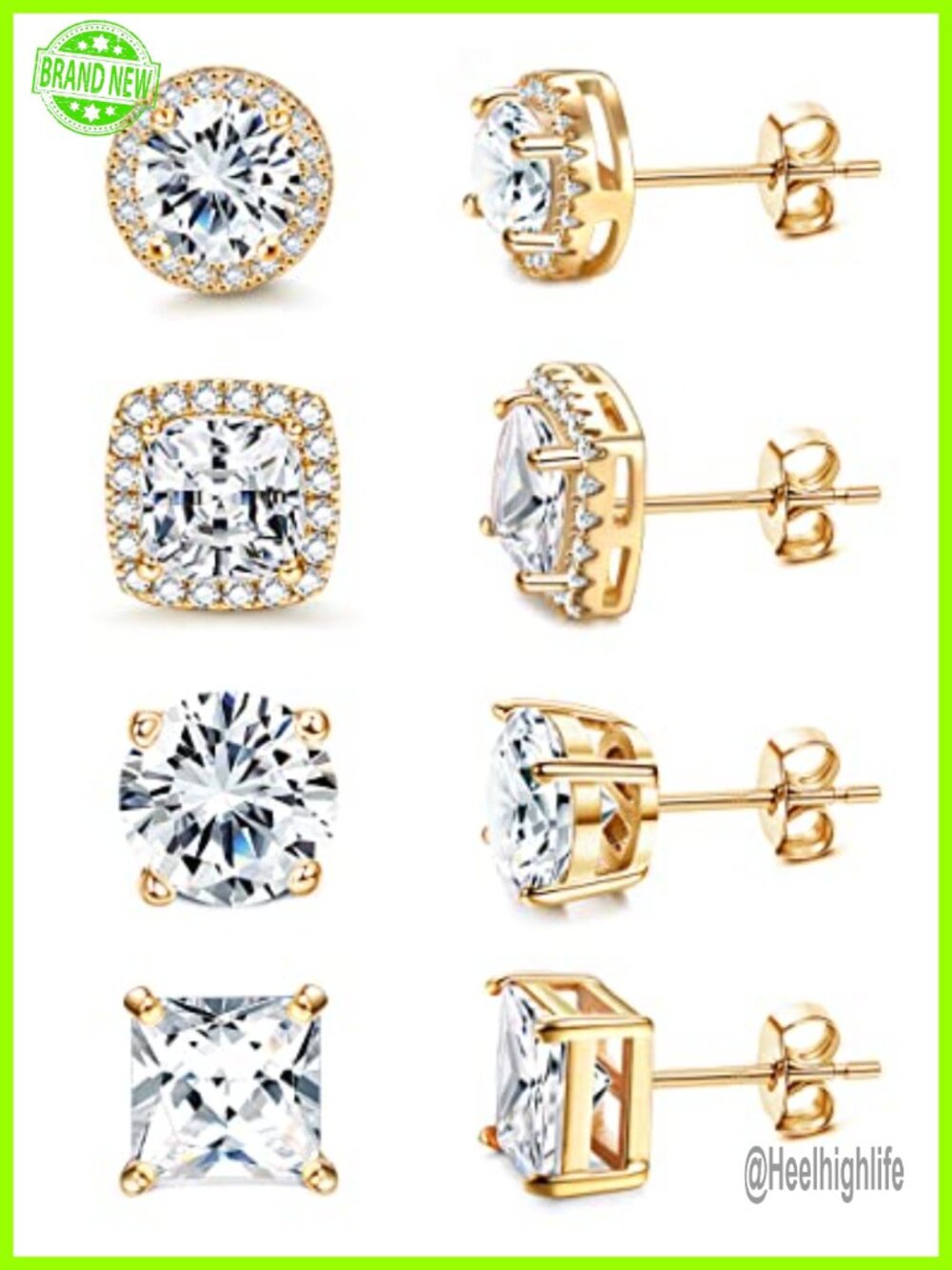 S925 Sterling Silver Stud Earrings 18K Gold Plated Cubic Zirconia Halo